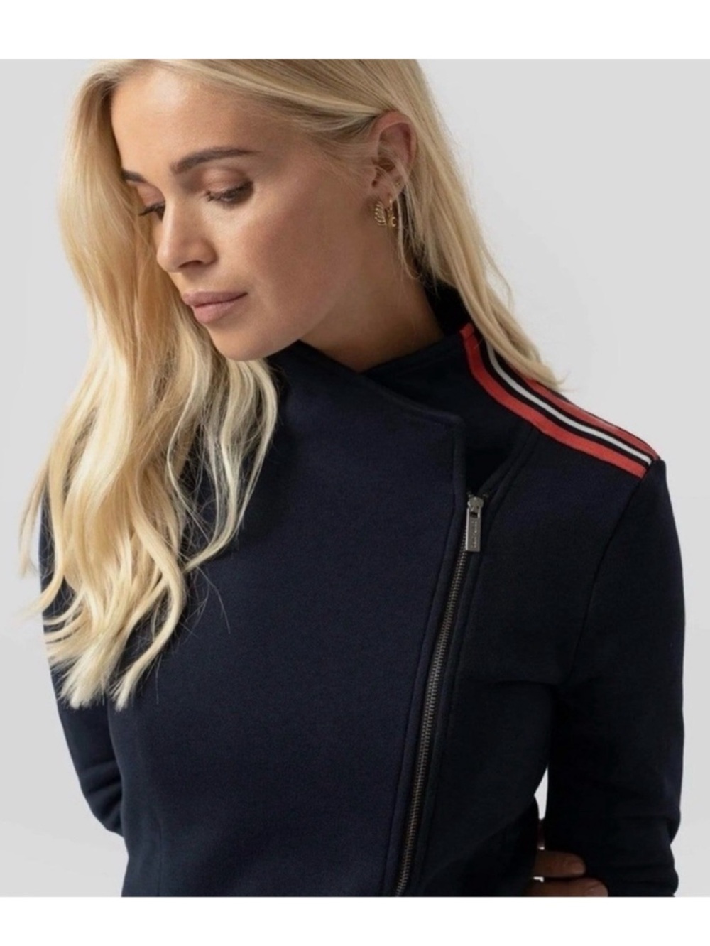 Saint + Sofia Long Sleeve Zip Top Biker Jacket Size 10 Navy Blue Red Stripe